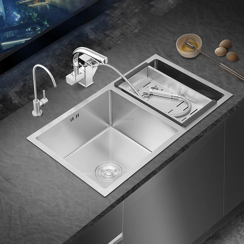 Home Stainless Steel Kitchen Sinks Kitchen Accessories Dish Drainer Handmade Double-slot Modern Embedded Under-counter Washbasin