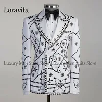 Customized Crystal Embroidered Jewelry Tuxedos Men Suits Peaked Lapel Groom Wedding Male Suit Blazers Pants Outfit Dresswear 1