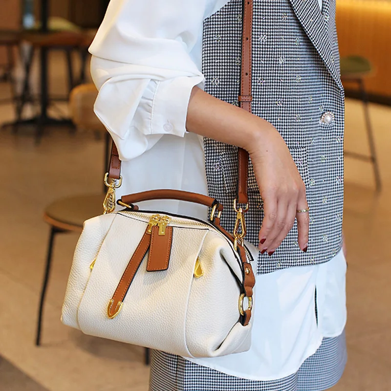 Bag Crossbody Women's One Shoulder Handbag Y2k Genuine Leather New Versatile Top Layer Cowhide Contrasting Color Boston Pillow