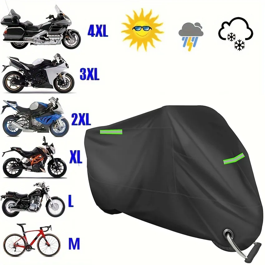Funda para motocicleta impermeable, a prueba de polvo y viento, ajuste universal, con dobladillo elástico y tiras reflectantes