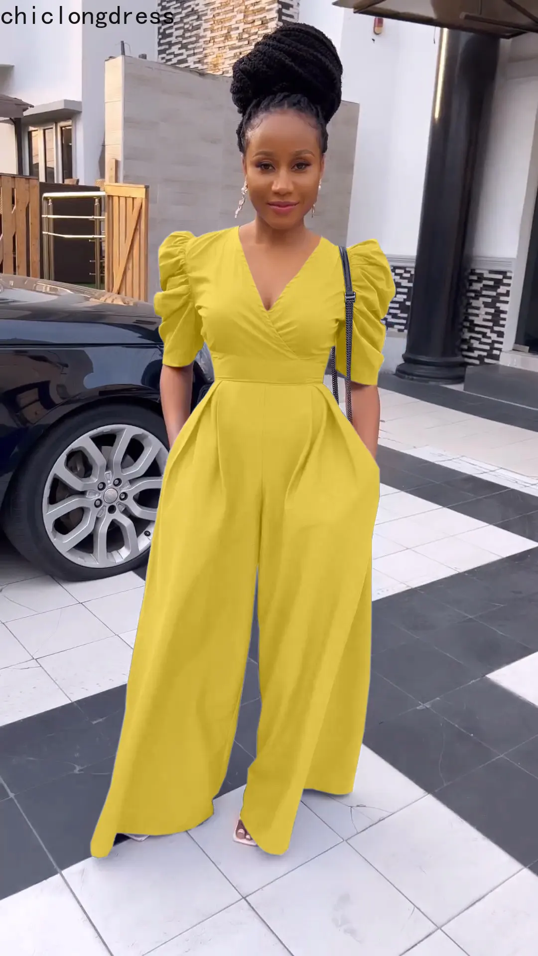 

Spring Summer Fashion Casual Wide Leg Jumpsuit Women Sexy V-neck Puff Sleeve Loose Long Jumpsuit Women