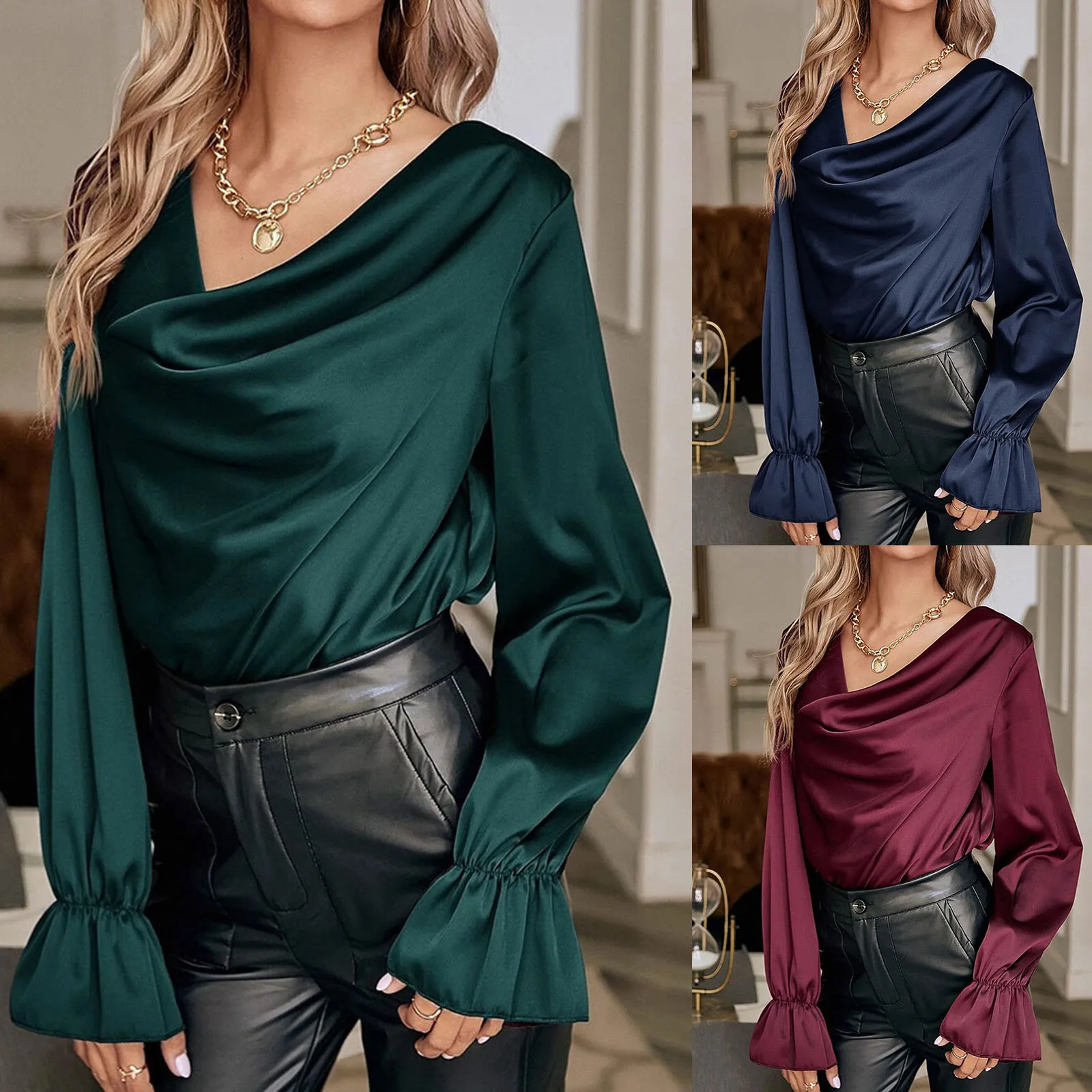 

Elegant Early Spring Silk Pullover Pile Neck Straight Tube Women's Shirt Chiffon Button up Shirts for Women
