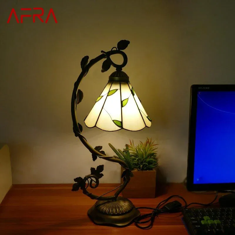 

AFRA Tiffany Table Lamp American Retro Living Room Bedroom Lamp Luxurious Villa Hotel Stained Glass Desk Lamp