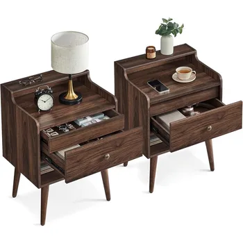 VASAGLE Nightstands, Set of 2, Bedside Tables with Hidden Drawers, Mid-Century End Side Tables with Solid Wood Legs, for Bedroom 1
