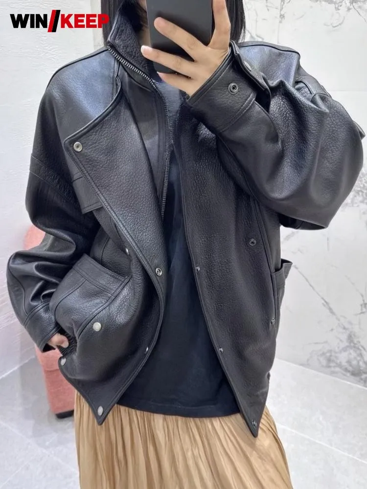 레저 스타일 솔리드 컬러 스탠드 칼라 여성용  가죽 자켓 루즈핏 지퍼 긴소매 양..