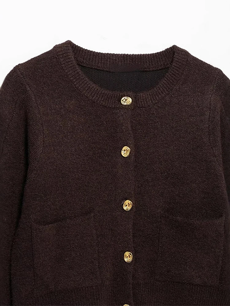Elegant Brown Skirt Suits Knitted O-Neck Long Sleeve Metal Button Cardigan High Waist A-line Mini Skirts 2025 Spring Lady Outfit