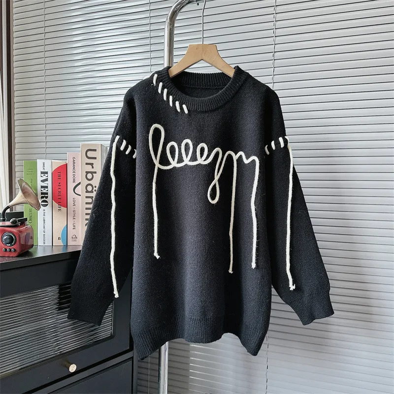 

retro Drawstring design oversize sweater women loose top Full Sleeves Knitwear Black color Pullovers Jumper кофта женская