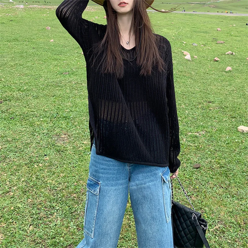 Women Black White Knitted Sweater Pullover