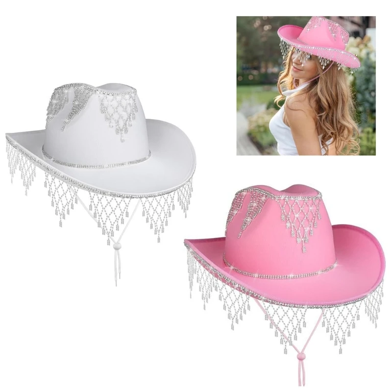 

Rhinestones Cowgirl Hat Felt Cowboy Hat Fit Most Women & Girls, for Bachelorette, Play Costume, Party Dress Up DXAA