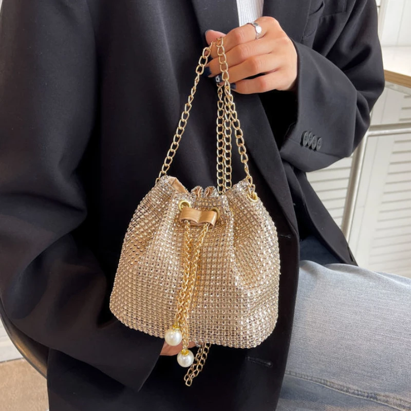 

Women Fashion Diamonds Rhinestone Bucket Bags Retro Pearl Chain Ladies Shoulder Bags Shiny Small Crossbody Bags Female Handbags