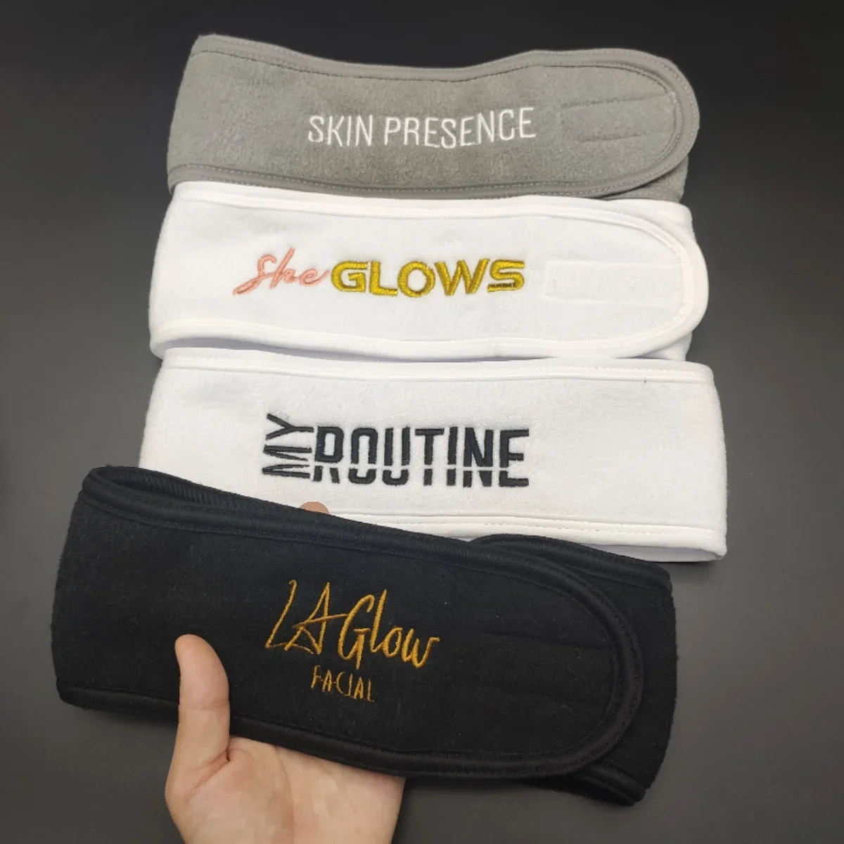 50pcs Custom Logo Facial  Spa Embroidery Hairband Terry Cloth Stretch Towel Washable Facial Spa Makeup Headband 2