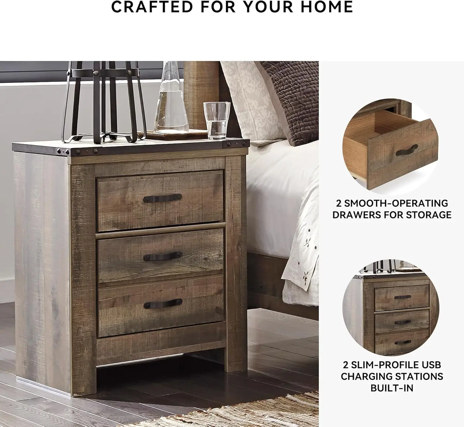 Rustic 2 Drawer Nightstand with USB Charging Stations, 29.65" Tall, Warm Brown
