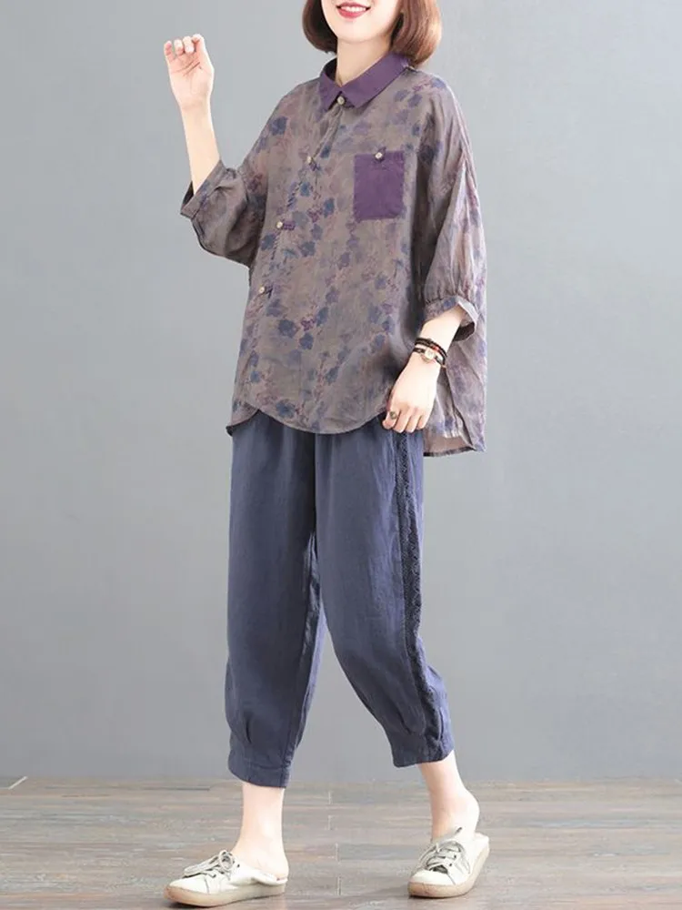 

2 Piece Sets Women Casual Pant Suits New Arrival 2023 Summer Vintage Style Cotton Linen Female Casual Shirt And Harem Pants D526