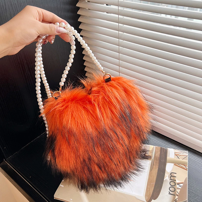 10-farbige weiche Plüschtasche für Damen, Retro-Perlenkette, Umhängetasche, luxuriöse Kunstfell-Abend-Clutch-Tasche, Handtasche, rote Herz-Tasche, Geldbörse – Detail 20