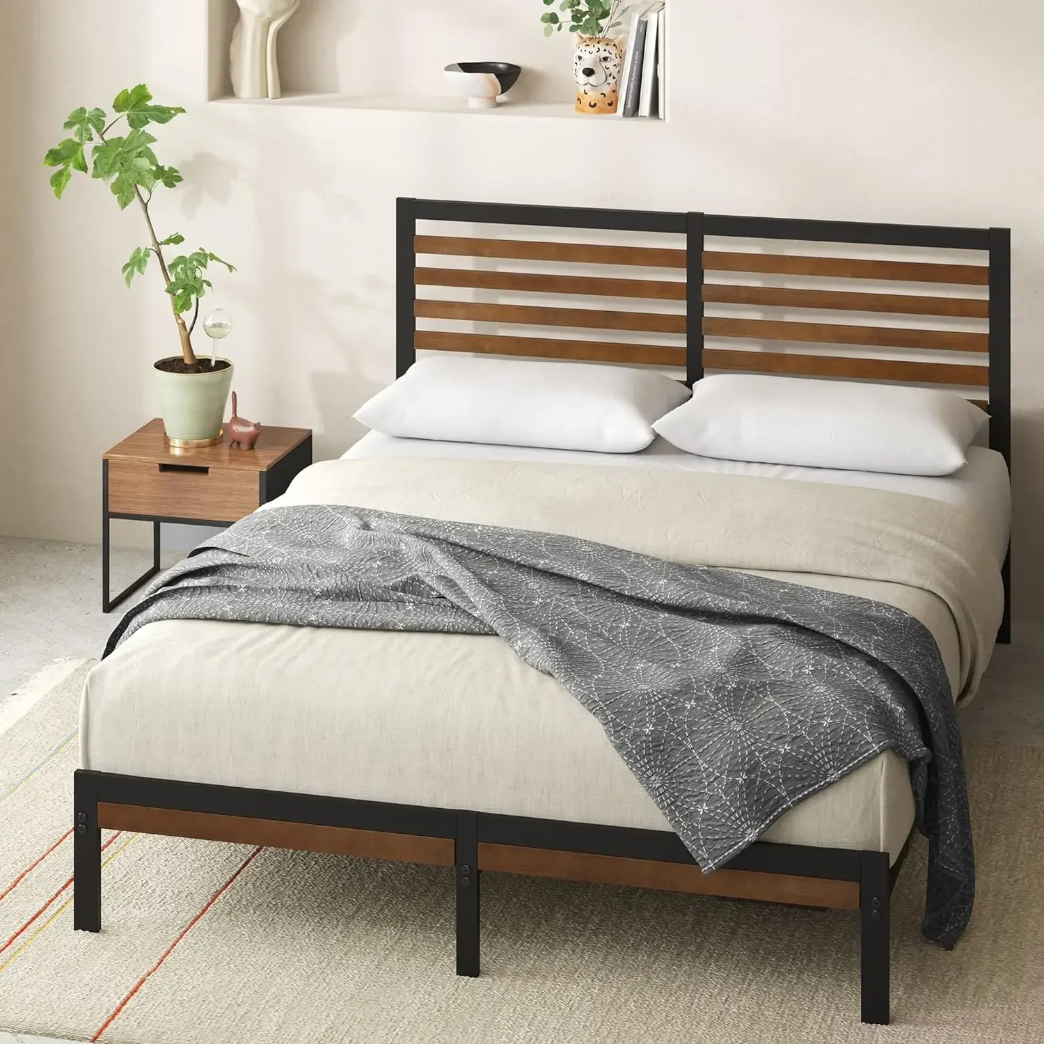 

Metal platform bed frame with headboard/no spring box required/Easy to assemble, queen, brown