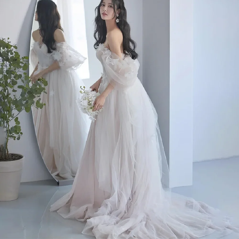 

ADORZA A-line Korea Wedding Dress Elegant Off-the-shoulder Neckline Appliques Decoration Floor-Length Photo shoot한국 웨딩드레스 신부 예복
