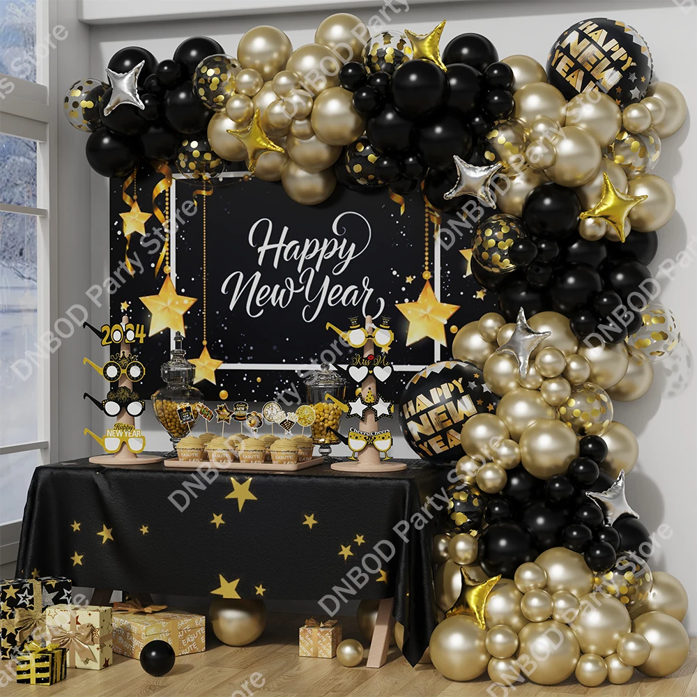

156Pcs New Year Party Balloon Garland Arch Kit Gold Black Happy New Year Decor For Home Christmas 2024 New Year Latex Balloons