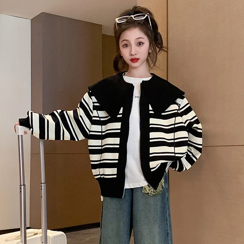 

Teenager Girls' Preppy Style Jacket 2024 New Spring Autumn Large Lapel Coat Kids Fashion Zipper Clothing 5 6 8 10 12 14 16Yrs