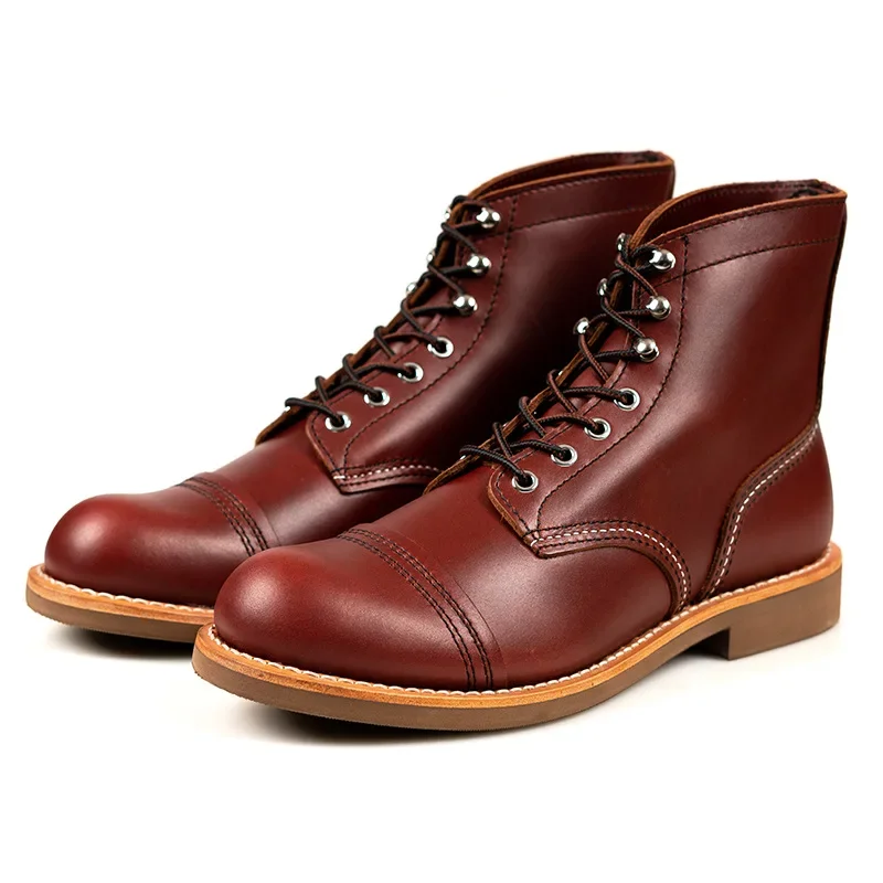Vintage Tooling Dark Wings Male Motorcycle Boots Quality Cow Leather Round Red Men Casual Ankle Boots Goodyear-welted Shoes