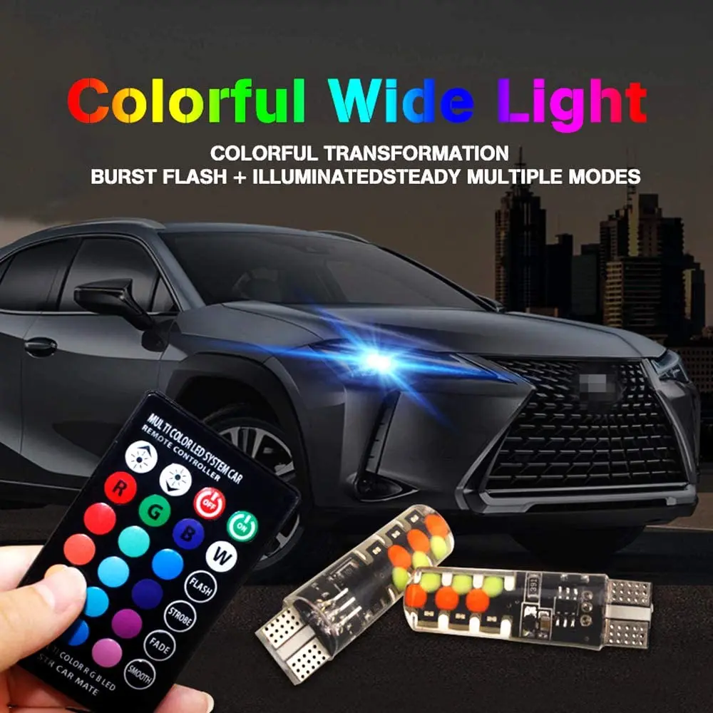 

T10 RGB W5W Car LED Bulb COB 6SMD Wedge Side Lamp Turn Lights Auto Flash/Strobe Clearance Lights 194 168 12V With Remote Control