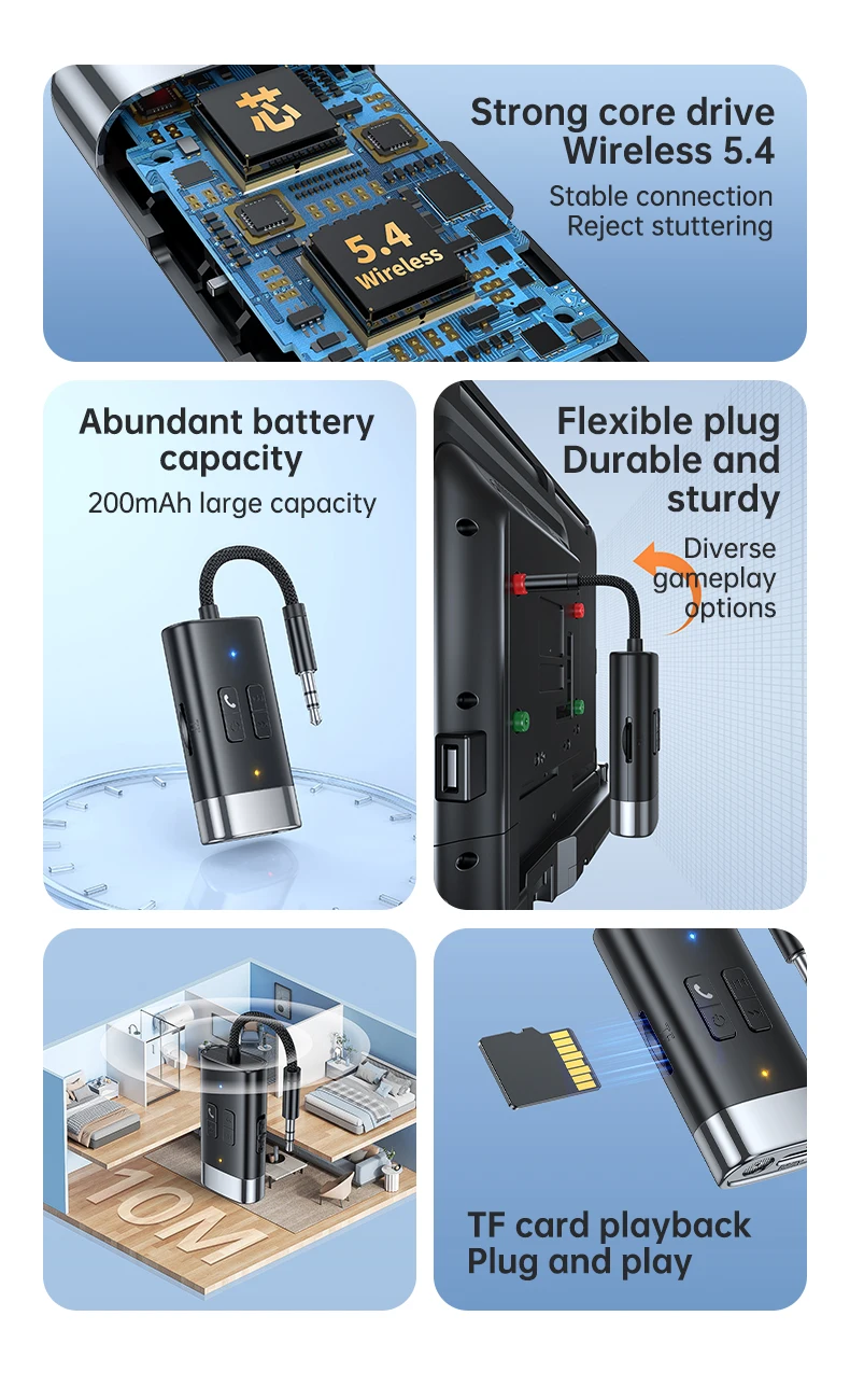 Aux Audio Adapter Bluetooth 5.4 Transmitter Receiver 2 IN 1 Support TF Card Wire