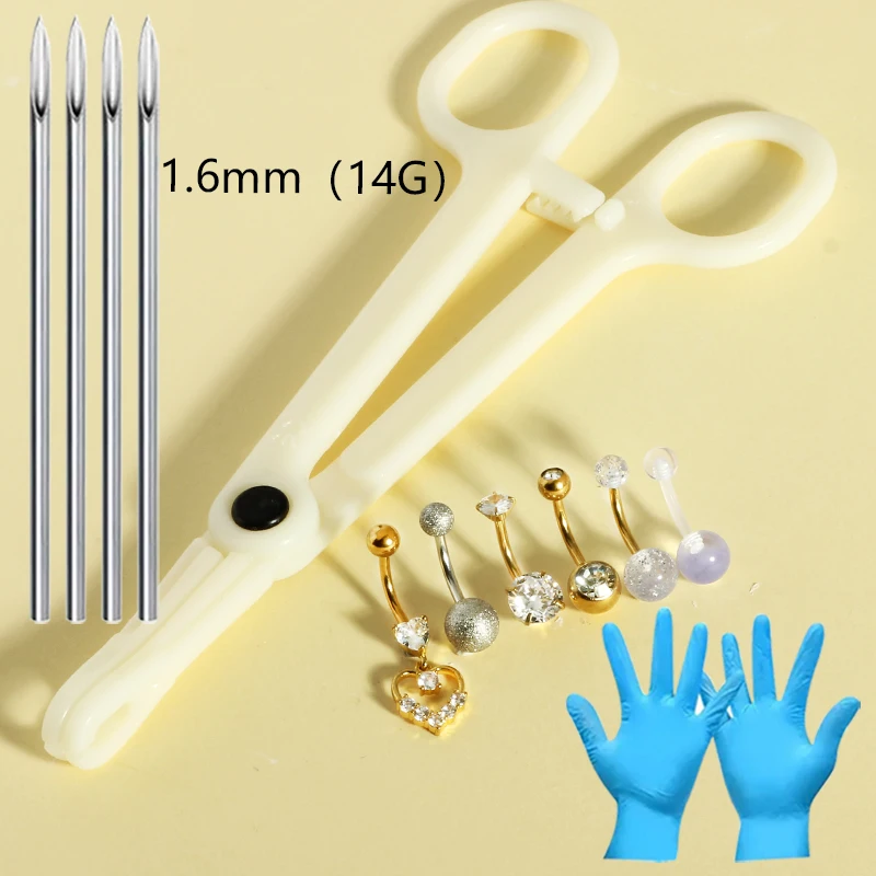 Navel Rings Piercing Jewelry Stainless Steel Cubic Zircon Belly Button Piercing Needles and Clamps Tool For Woman