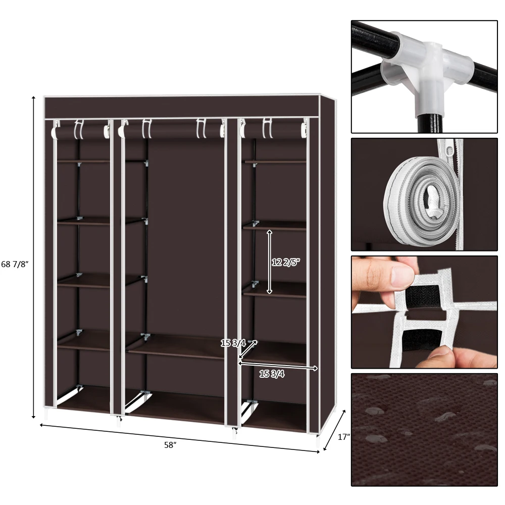 69" Portable Clothes Wardrobe Storage Organizer with Non-Woven Fabric Quick and Easy To Assemble Extra Strong and Durable Dark 6