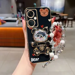 Pearl Strap Love Bear Phone Holder Case with Anti - Knock Stand Cover - Oneplus 11 Pro (Black)