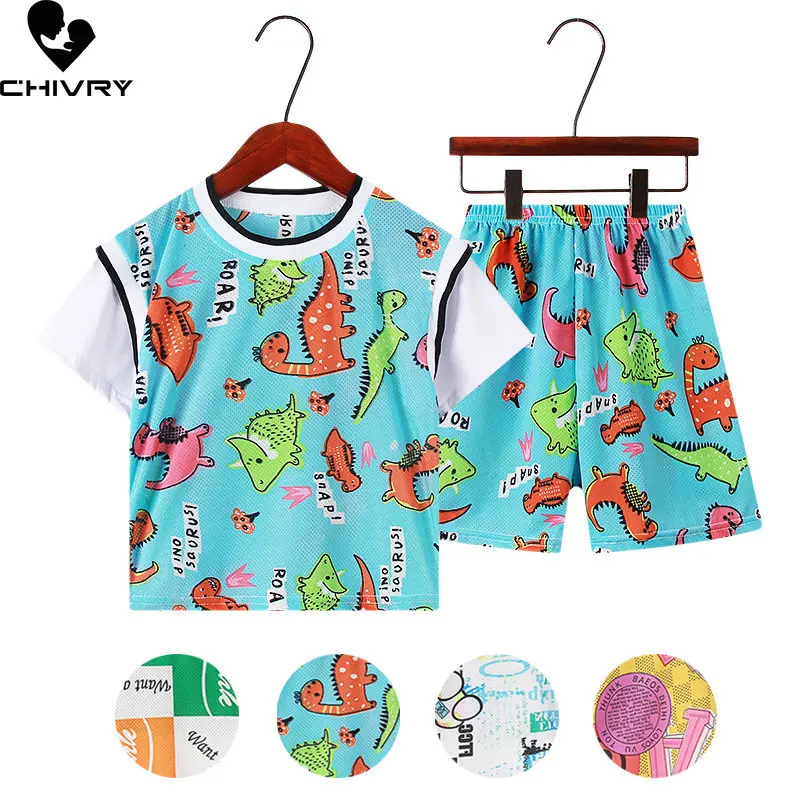 

New 2023 Baby Boy Summer Cartoon Dinosaur Letter Print Short Sleeve O-neck T-shirt Tops with Shorts Kids Boys Clothing Sets