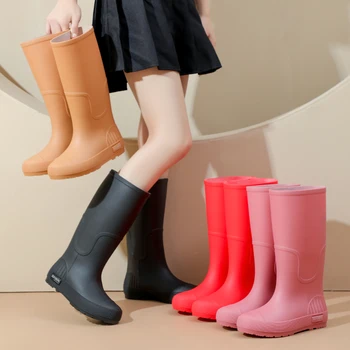 Fashionable High-Tube Rain Boots Women's Waterproof Non-Slip Work Shoes Summer 2026 New Style Comfortable Flat Bottom Water S...