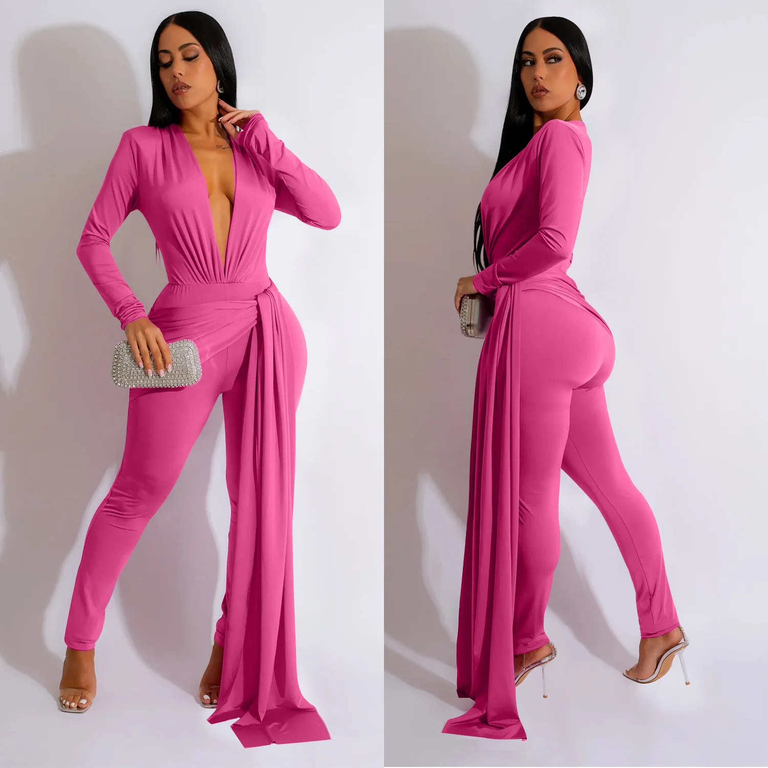 

Fashion Women High Waist Streamer Deep V-neck Jumpsuit 2023 Sexy Party Club Evening Long Sleeve Rompers One Piece Set Playsuit
