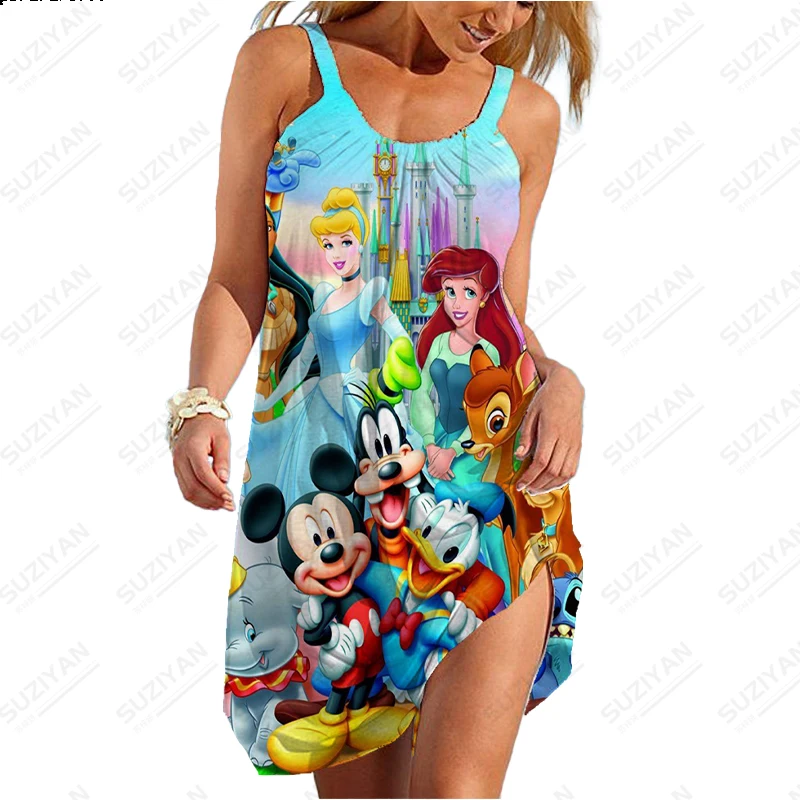 Fashionable Summer Women's Hawaiian Style Disney Princess Minnie 3D Printed Beach Skirt Strap Short Sleeve Women's A-line Skirt