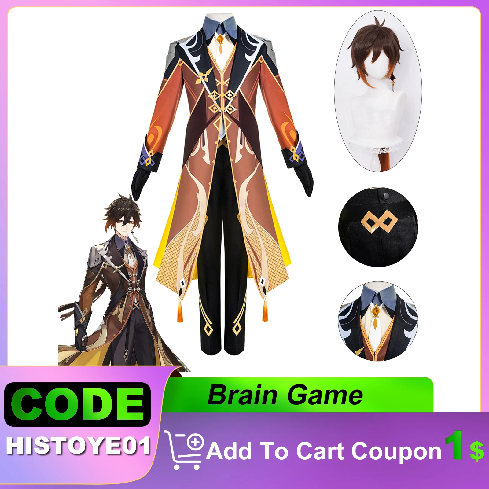 

Genshin Impact Morax Cosplay Costume Brown Orange Wig Zhongli Full Set Game Costume Male Game Anime Role Play Outfit Holllaween