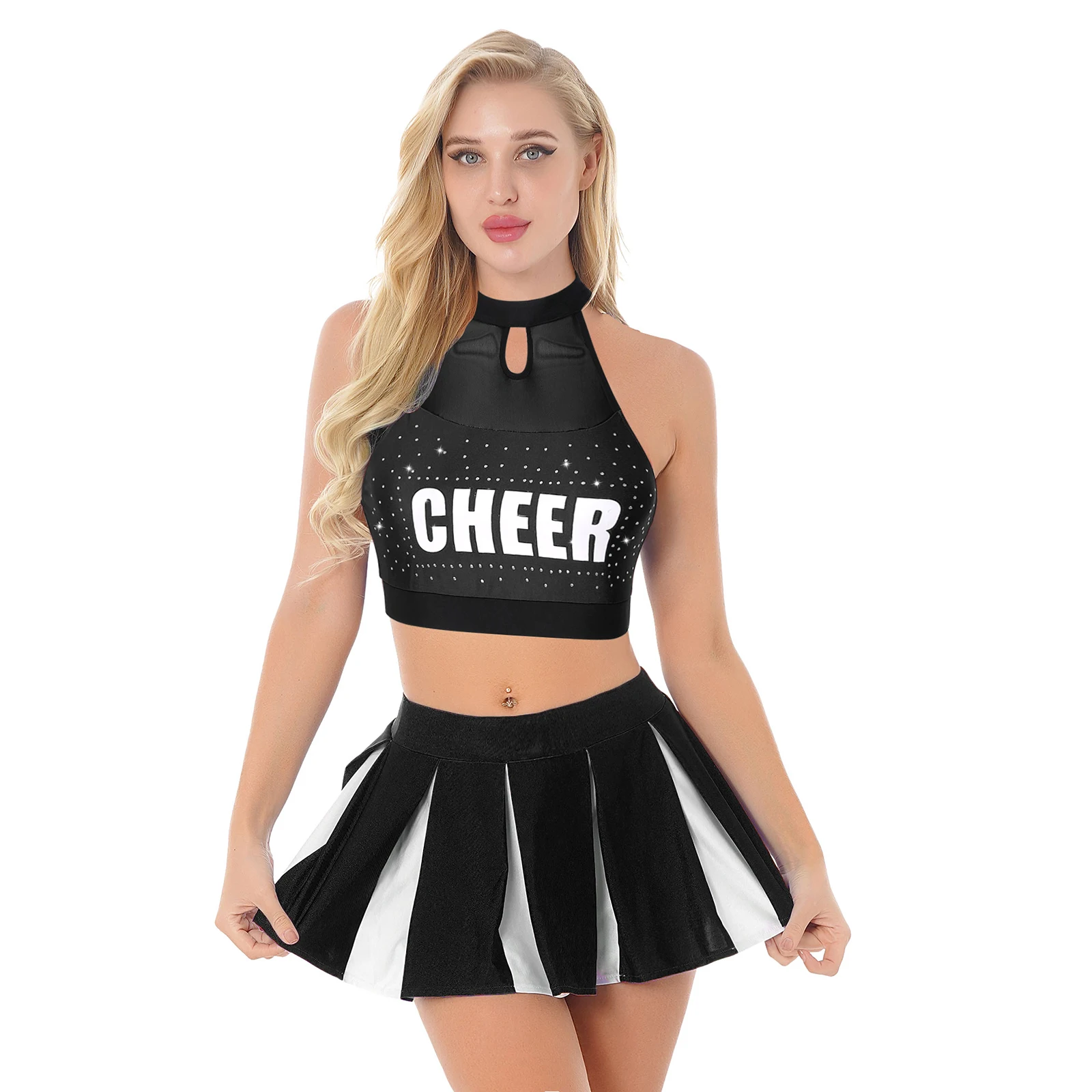 

Women Adult Cheerleading Uniform Cosplay Outfit Letter Printing Lingerie Shiny Rhinestone Halter Crop Top with Pleated Skirt