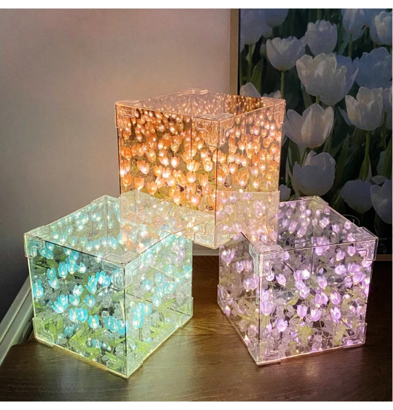 DIY Tulpenlampe, dreidimensionale transparente Cuby-Nachtlichtlampe und Spiegel, 2-in-1-Jubiläumsgeschenke für Paare, Schlafzimmerdekorationen – Detail 6