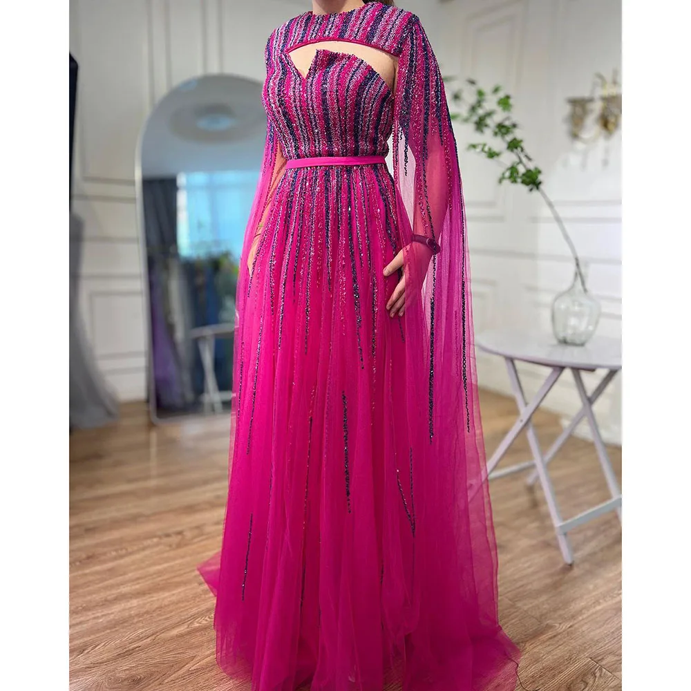 Serene Hill Arabic Green Cape Sleeves A Line Beaded Evening Dresses Long 2023 Celebrity Gowns For Woman Wedding Party LA71912