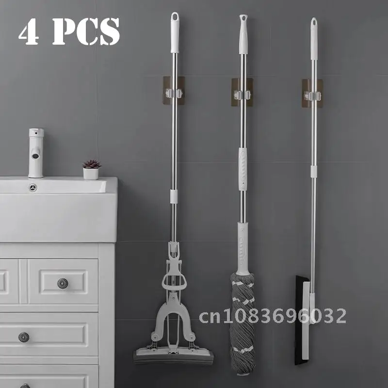 

2/4pcs Adhesive Multi-Purpose Hooks Wall Mounted Mop Organizer Holder RackBrush Broom Hanger Hook Strong Hook Kitchen Bathroom