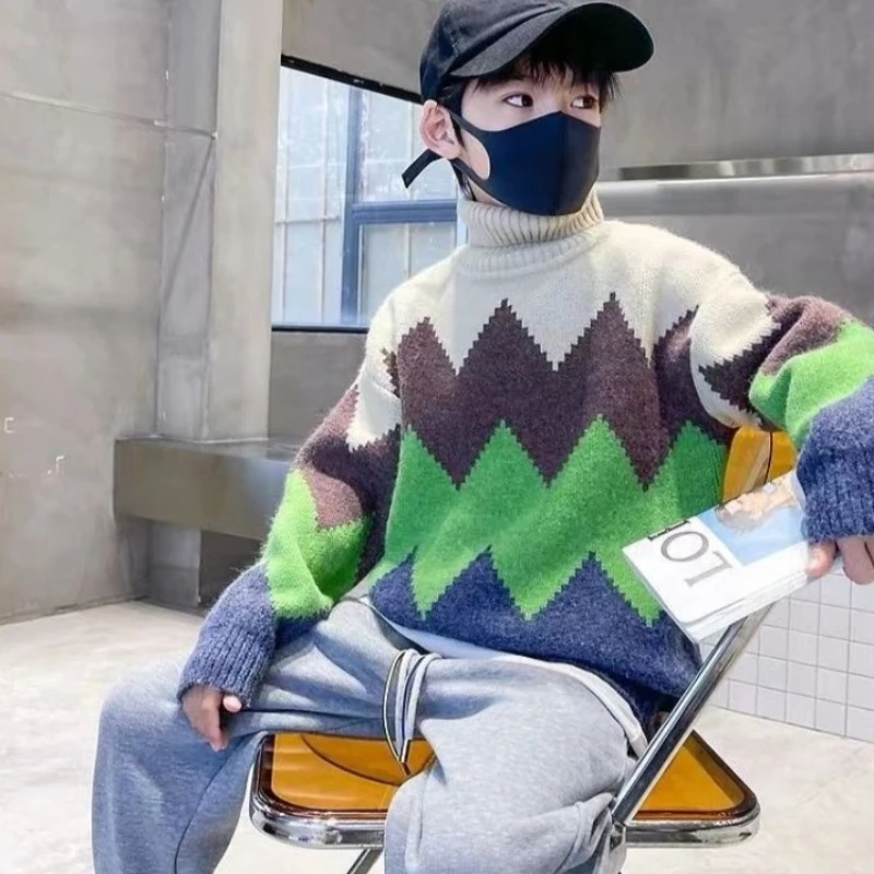 2025 가을 아동용 한국 스타일 터틀넥 풀오버 스웨터 남아용 따뜻하고 편안한 니트웨어, 통기성 좋은 면 혼방 소재로 학교용