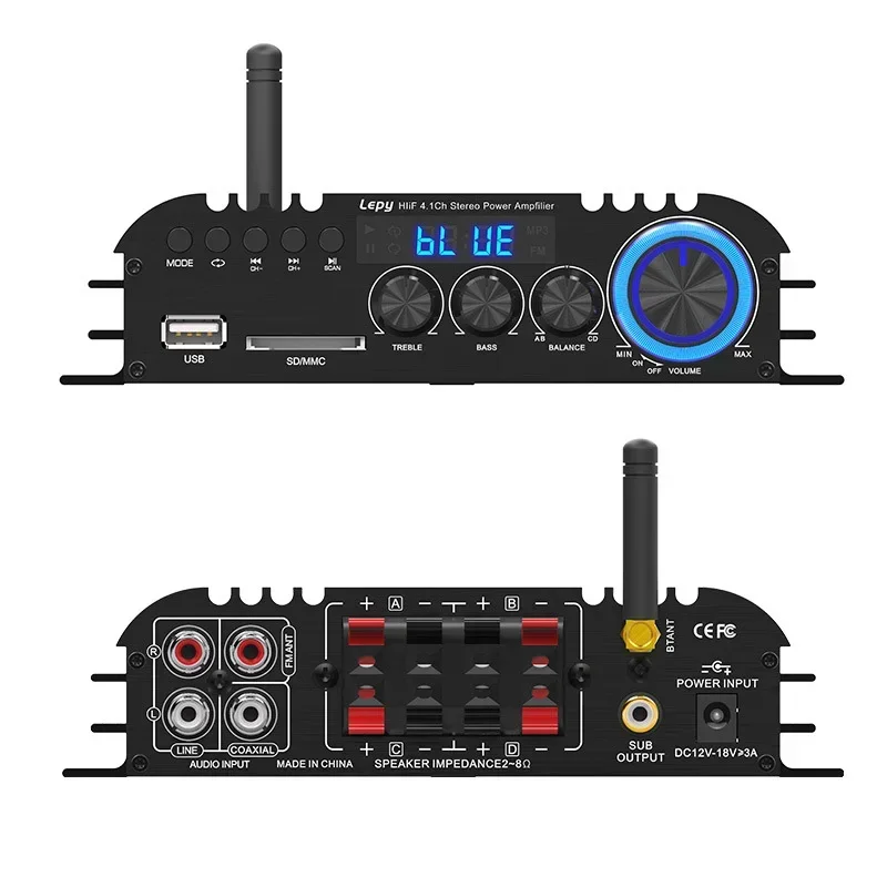 

Coaxial Input Bluetooth 5.0 Power Amplifier High Power 4.1 Channel 58Wx4+Subwoofer Out USB SD FM Function