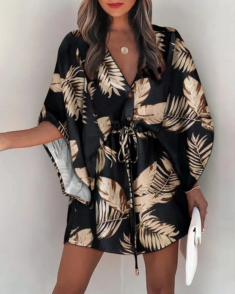 

Boho Mini Dress Sexy Floral Print Shirt Dress V-neck Casual Loose Beach Party Dress Summer Oversized Holiday Short Vestido