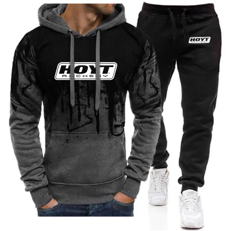 2023 Men New Hoyt Archery Autumn Printing Gradient Color Casual Comfortable Sporting Hip Hop Pullover Hoodie + Trousers Suits