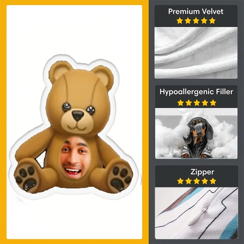 Customized photo teddy bear plush pillow DIY fun face cushion, perfect gift for friends and family, perfect for and Christmas 3