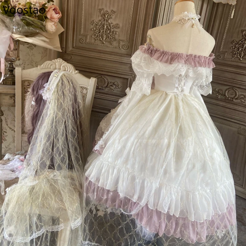 Japanese Victorian Retro Lolita Princess Dress Women Elegant Flower Lace Mesh Evening Party Wedding Dresses Girls Sweet Vestidos