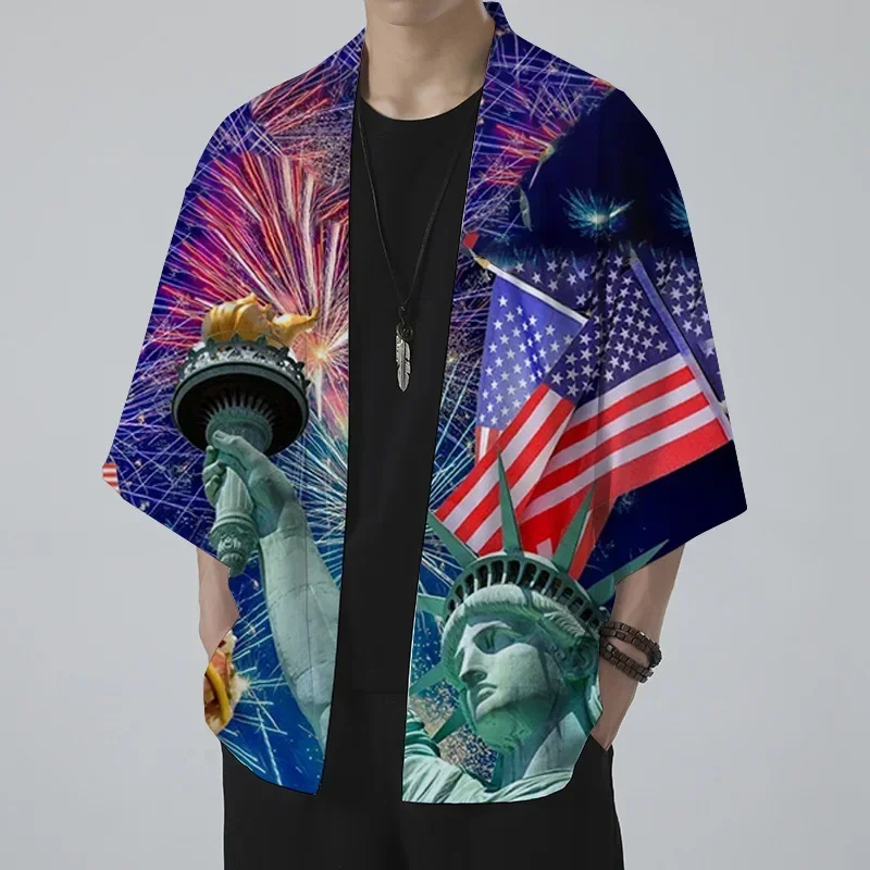

Men's Independence Day 3D Printed Sunscreen Mid-length Mid-sleeve Cardigan Cape