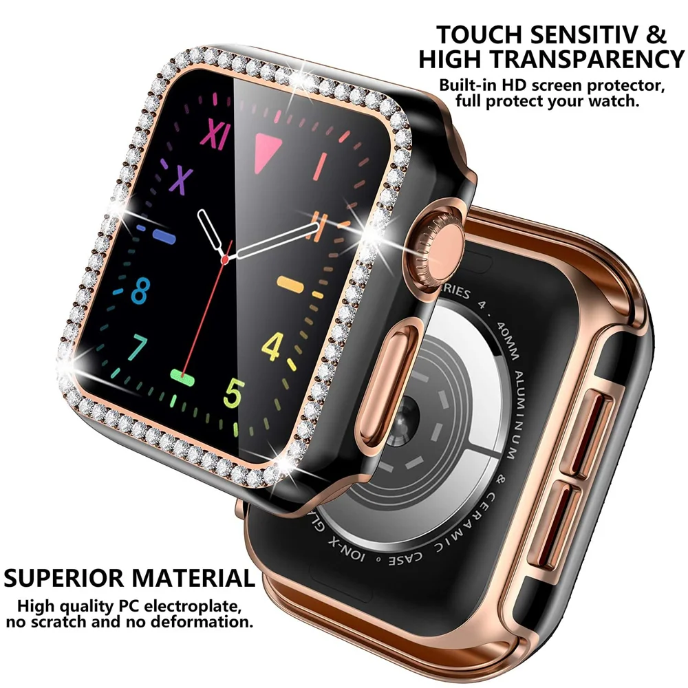 Bling Glass + Cover Per Apple Watch Case 40Mm 44Mm 42Mm 38Mm Iwatch Diamond Bumper + Screen Protector Apple Watch Serie 6 4 5 Se