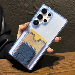 Glitter Clear Card Wallet Stand Phone Case with Shockproof Thin Cover and Slot Bag Holder Bracket - Galaxy S23 Ultra (Blue)