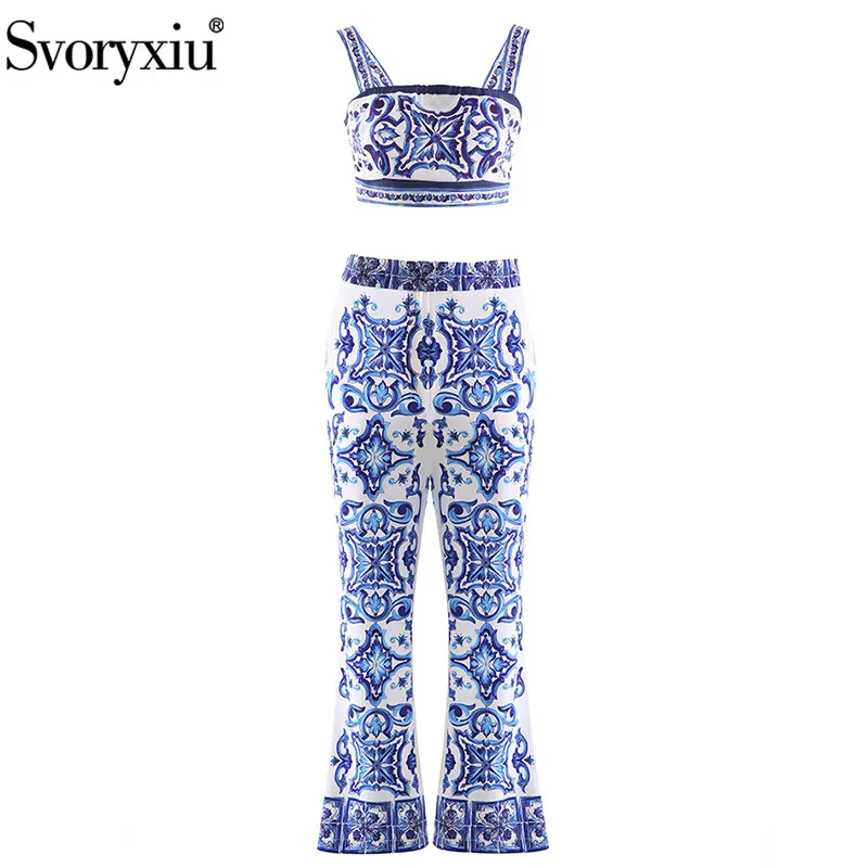 

Svoryxiu Fashion Runway Summer Pants Suit Women Short Spaghetti strap Short Tops＋Blue and White Porcelain Pants 2 Two Pieces Set