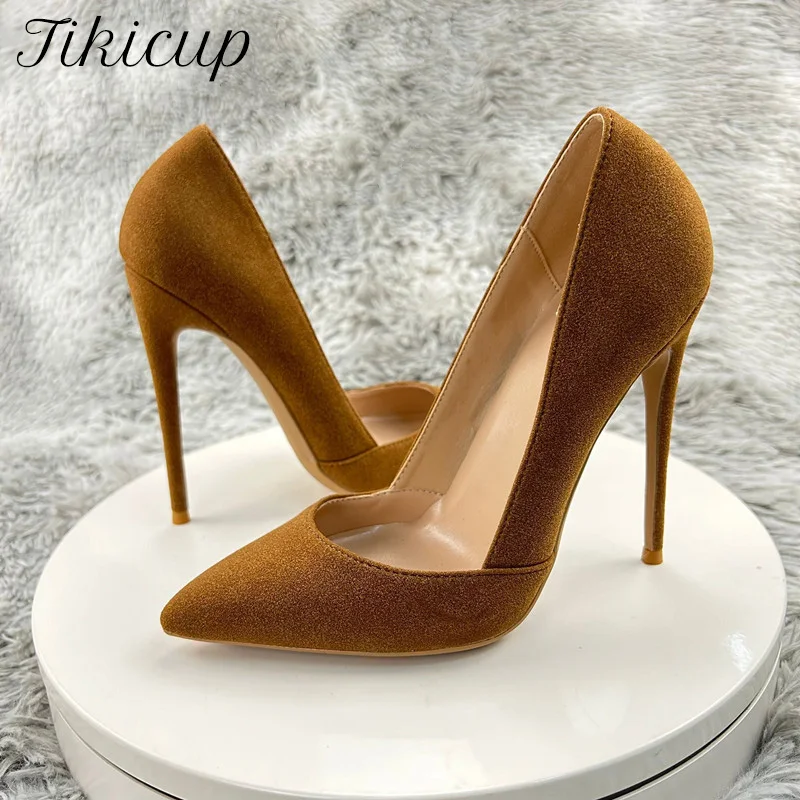 

Solid Brown Sexy Women Curl Cut Flock Pointy Toe High Heel Shoes Elegant Faux Suede Slip On OL Stiletto Pumps 12cm 10cm 8cm