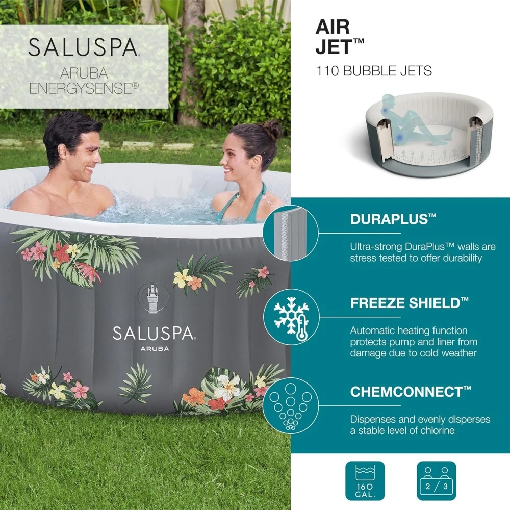 Large Round 2 To 3 Person Inflatable Hot Tub Portable Outdoor Spa with 110 AirJets and EnergySense Cover, Bathtubs 2