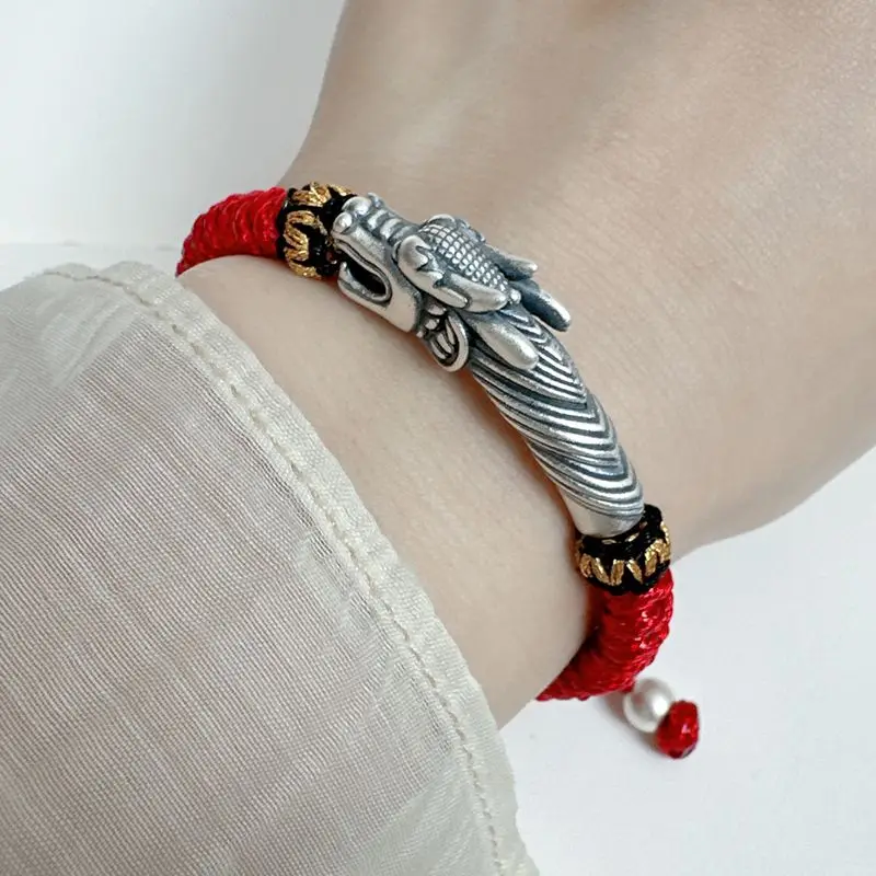 pure-silver-bracelet-999-full-silver-dragon-elbow-bracelet-red-rope-handmade-couple-retro-woven-red-bracelet-jewelry